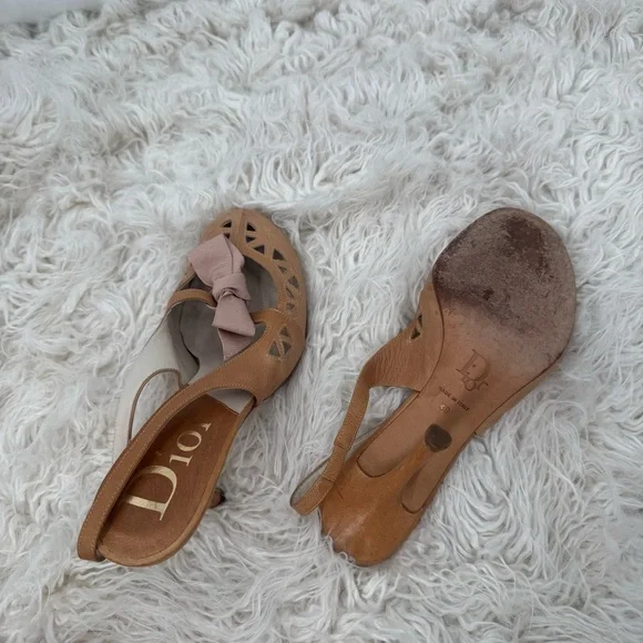 Vintage Christian Dior Tan and Pink Heels with Ribbon Bow - Picture 12 of 14